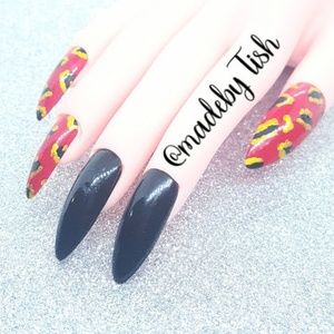 Gel Press On Nails Red Black Gold Animal Print
